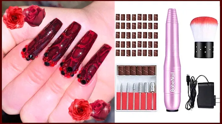 🐍❤️Red Snake Print Vertical Ombré Acrylic Nails | BabeNail Portable Electric Nail Drill Review🐍❤️